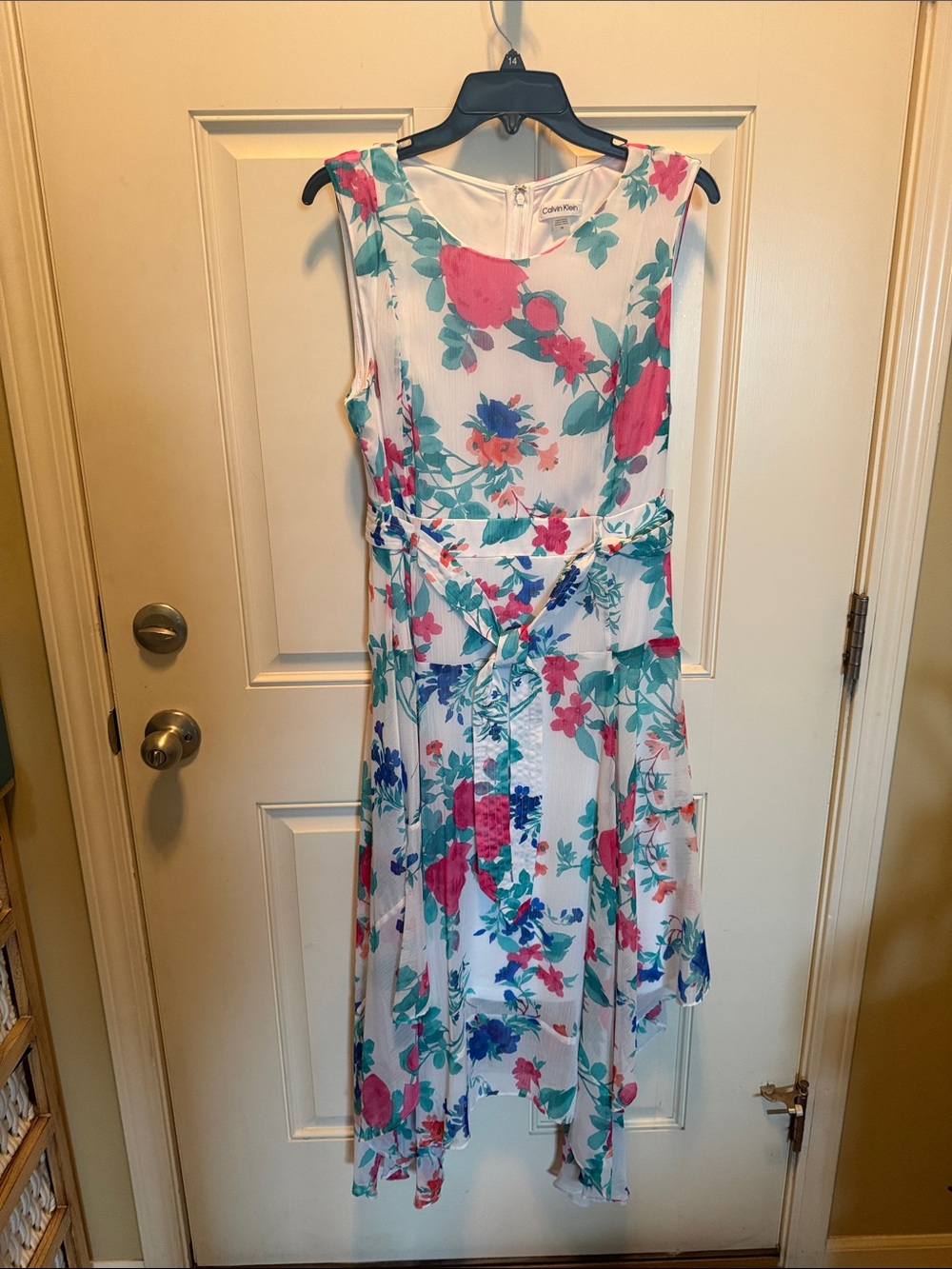 Calvin Klein White midi Floral Dress with Pink and Teal Accents